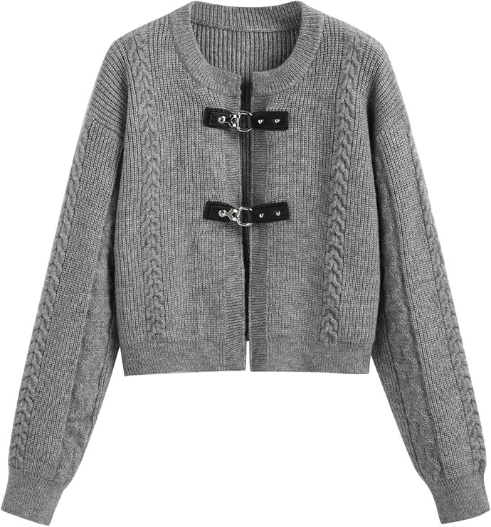CIDER Cardigan Sweater for Women Round Neck Buckle Sweater Knitted Crop Top Long Sleeve Open Fron... | Amazon (US)