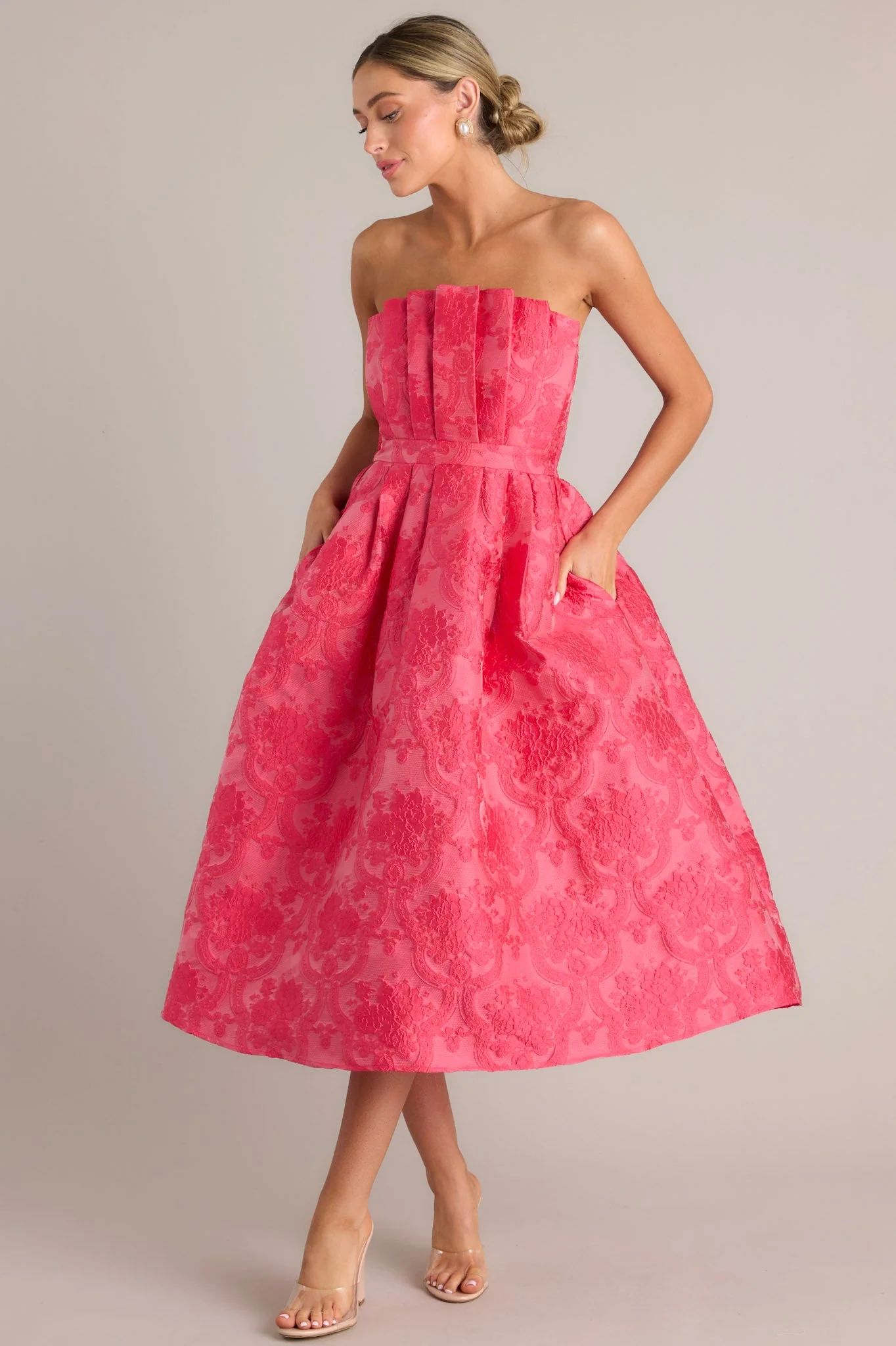 Enchanted Elegance Hot Pink Jacquard Strapless Midi Dress | Red Dress