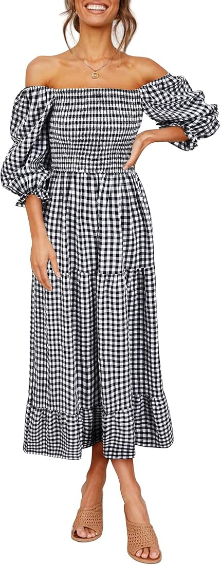 UIMLK Women's Boho Flowy Cottagecore Puff Sleeve Off The Shoulder Summer Casual Plaid Ruffle Midi... | Amazon (US)