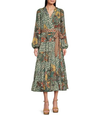 Floral Leaf Print Tiered Long Sleeve Tie Waist Wrap Midi Dress | Dillard's