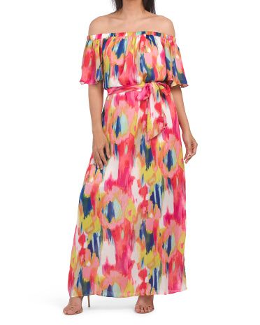Georgette Off The Shoulder Watercolor Maxi Dress | Marshalls