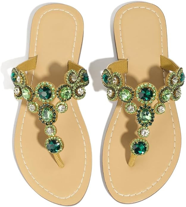 Rhinestone Sandals for Women – Sparkly Jeweled Bling Thong Flip Flops, Dressy Gemstone Flat San... | Amazon (US)