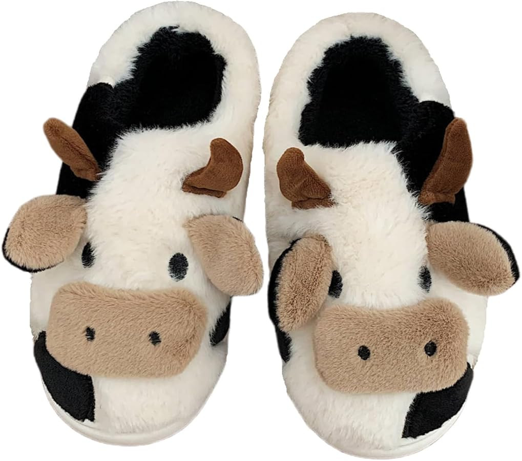 Fluffy Cow Slippers For Women Cartoon Cow Cotton Slippers, Animal Slippers Winter Indoor Outdoor ... | Amazon (US)