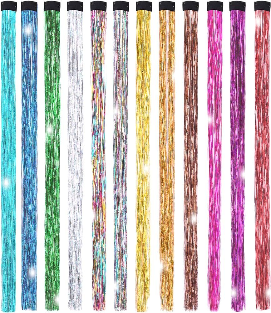 19.7 Inch Clip In Hair Tinsel Fairy Hair Tinsel Kit Clips Clip On Glitter Hair Tinsel Extensions ... | Amazon (US)