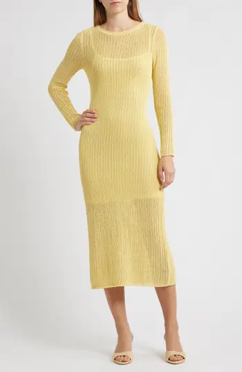 WAYF Sunny Open Stitch Long Sleeve Sweater Dress in Golden Yellow at Nordstrom Rack, Size Medium | Nordstrom Rack