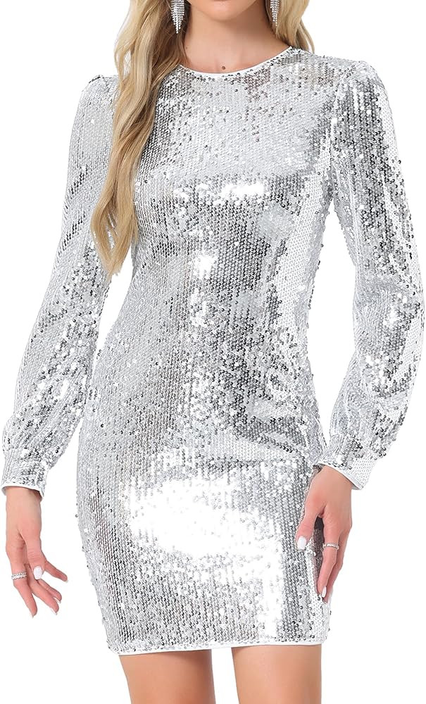 Allegra K Sequin Dress for Women Party Cocktail Lantern Long Sleeve Sparkly Glitter Disco Outfits... | Amazon (US)