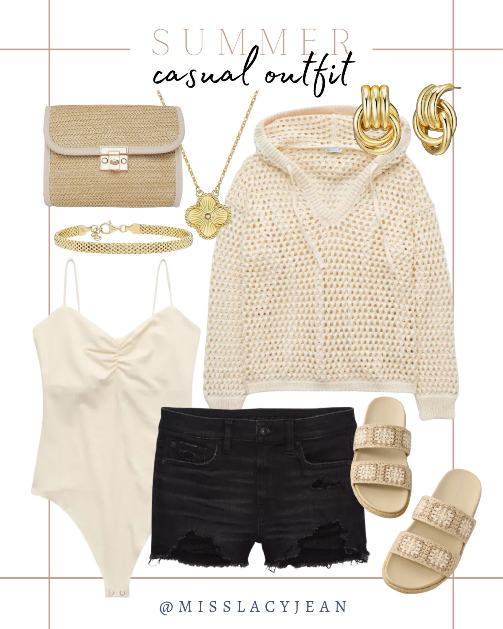 Summer outfit includes knit top, bodysuit, black shorts, crochet sandals, handbag, necklace, earrings, bracelet.

Summer outfit, casual summer outfit, summer outfit finds

#LTKShoeCrush #LTKFindsUnder50 #LTKStyleTip