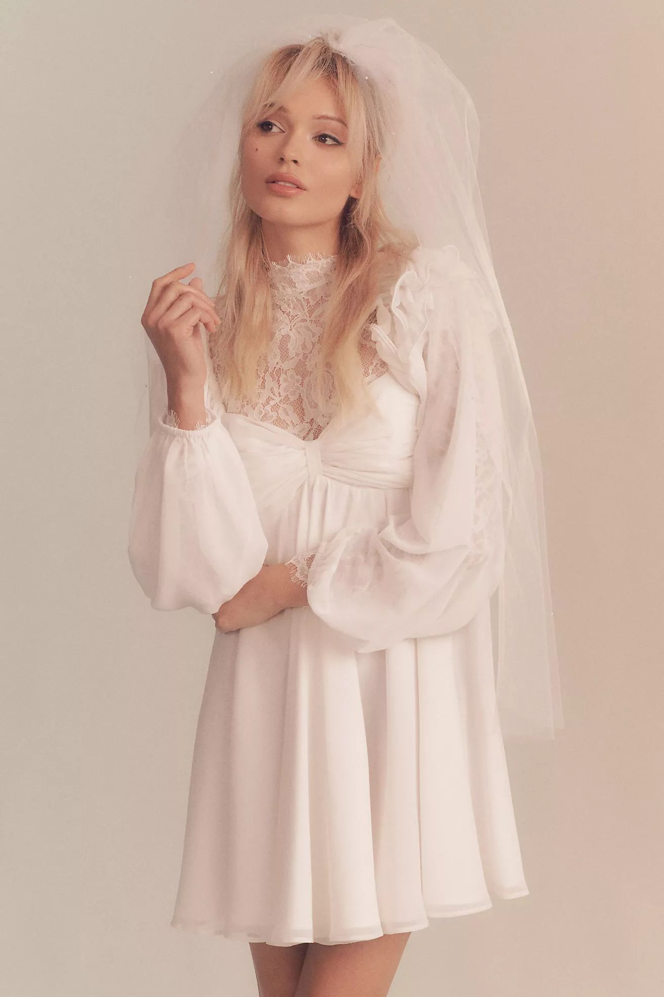 BHLDN Brigitta Long-Sleeve Sweetheart Chiffon Mini Dress | Anthropologie (US)