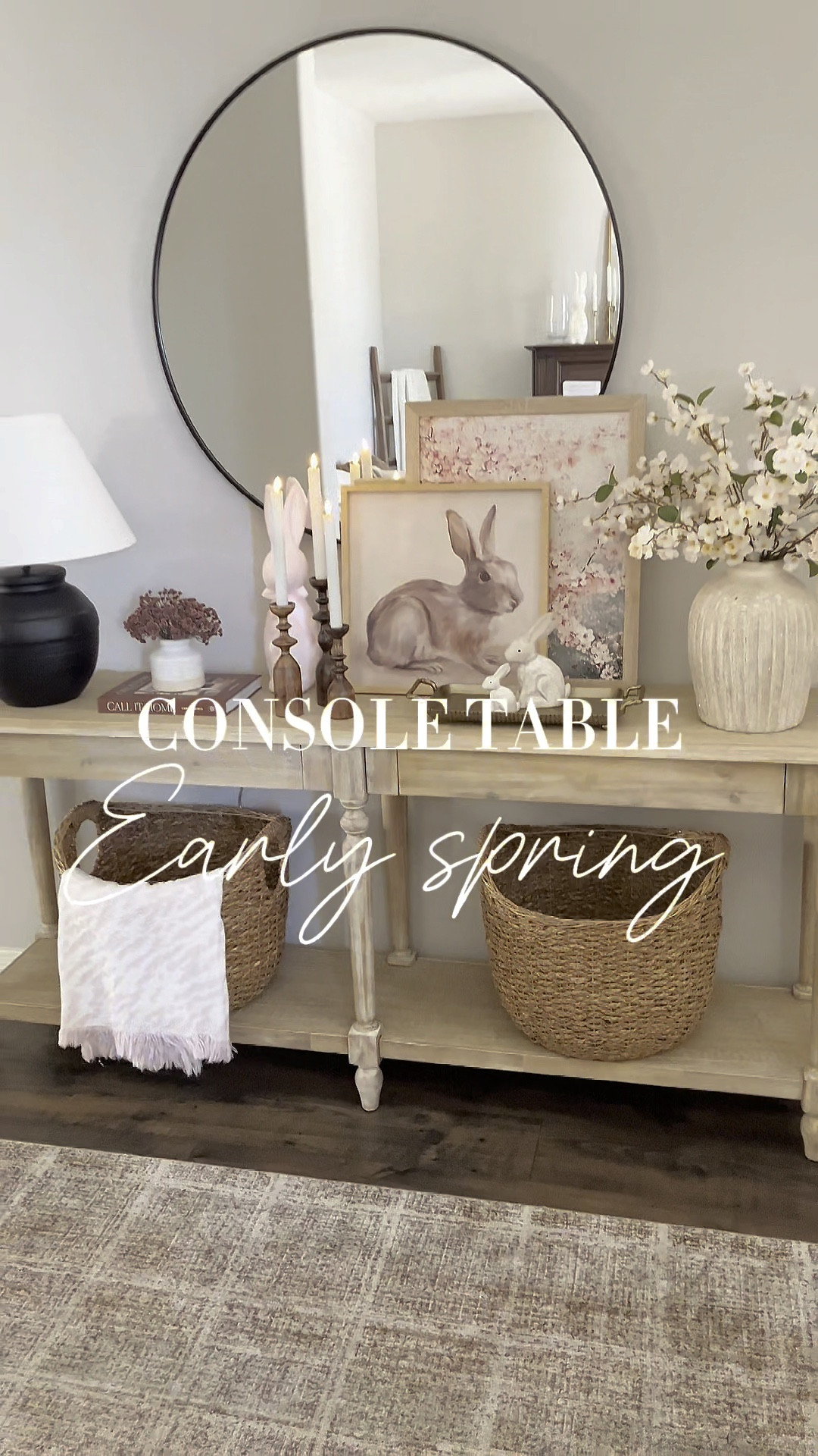 Early spring and Easter console table! Follow @lifeinmyarizonahome on Instagram for more inspiration. 

I updated my entryway table for spring with this bunny canvas and layered it with the cherry blossom print.  These cherry blossom stems and adorable wooden bunnies are giving me all the spring vibes. 

For reference I’m using 4 cherry blossom stems here and the cherry blossom print is in the 16x20 size that I had printed and then I framed it  

#LTKSeasonal #LTKHome #LTKWatchNow