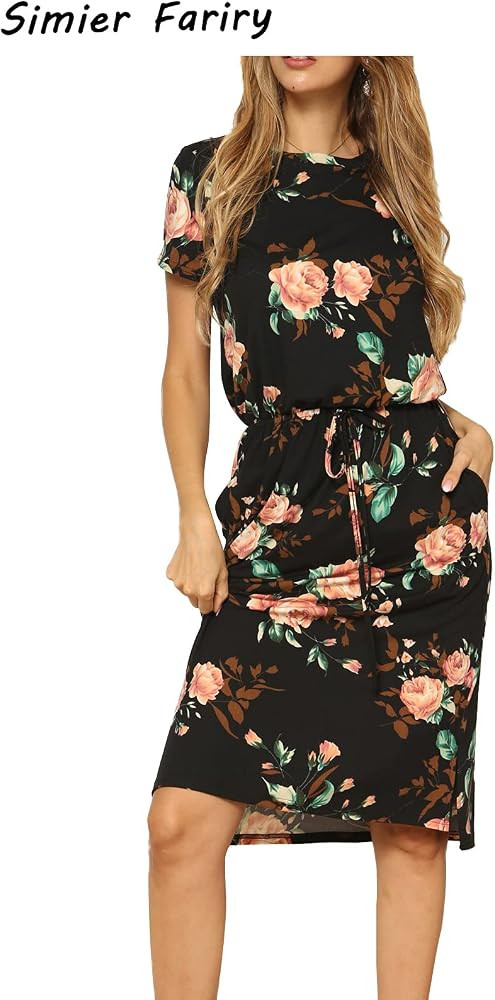 Simier Fariry Womens Adjustable Waistline Midi Dress with Pockets | Amazon (US)