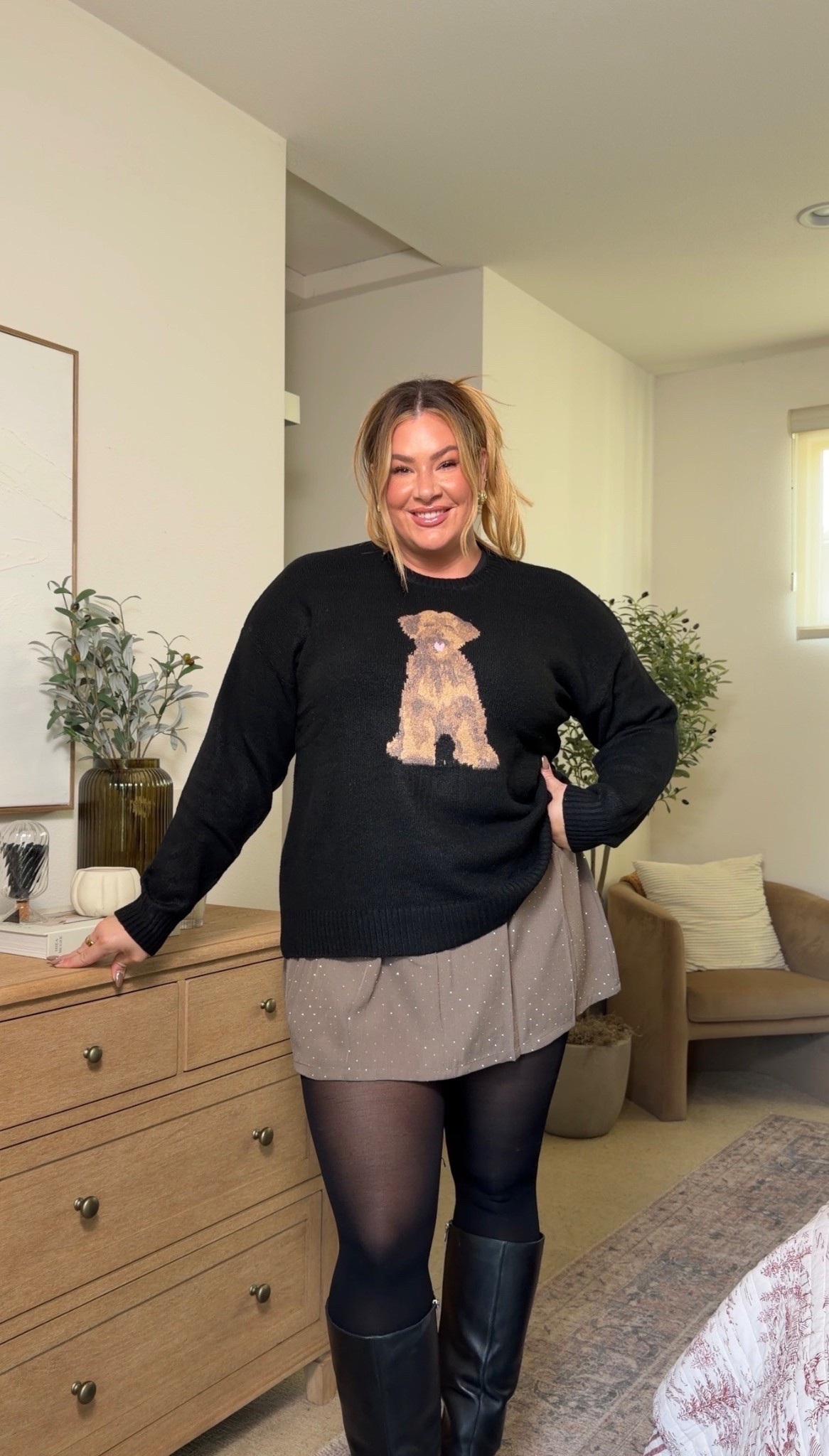 Holiday outfit inspo with this cutie doggie sweater 🐶✨ wearing an xxl in both this sweater and skirt!

#LTKMidsize #LTKHoliday #LTKParties