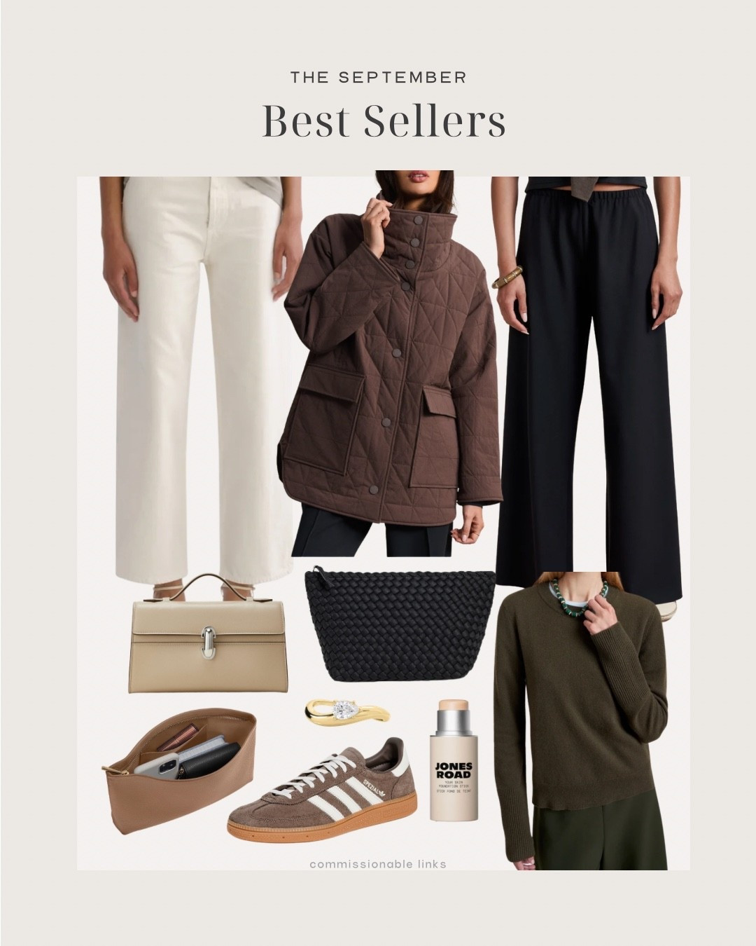 September bestsellers

Fall jacket
Cashmere sweater 
Travel pouch
Top handle clutch
Fall outfit idea
Travel look
