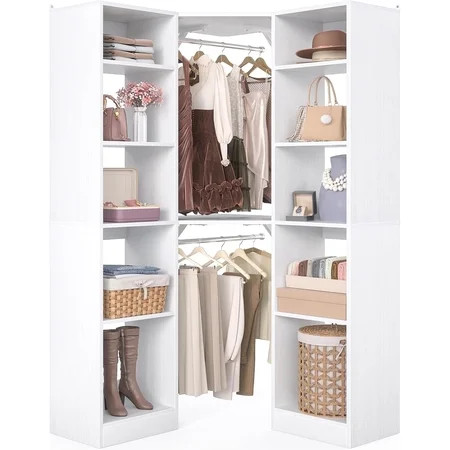 Homieasy Corner Closet System with 12 Shelves, 40" Large Corner Closet Organizer System with 2 Hanging Rods, Versatile 6-Tier Walk-in Closets for Corner Space, White | Walmart (US)