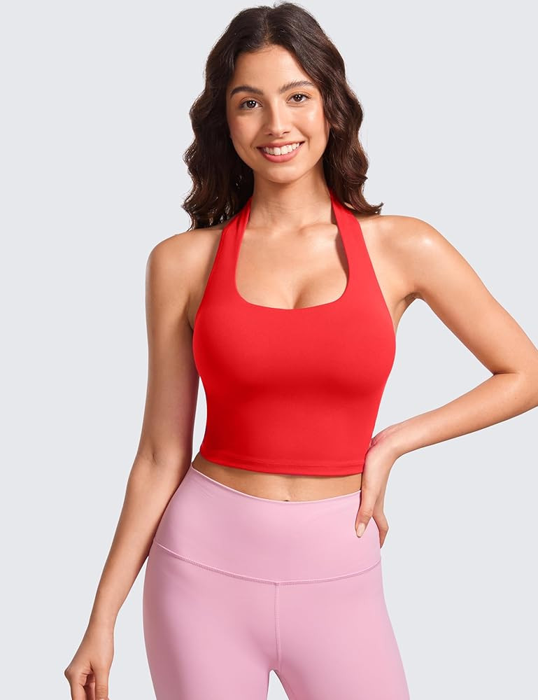 CRZ YOGA Butterluxe Halter Crop Tank Tops for Women - Open Back Padded Longline Sports Bras Worko... | Amazon (US)