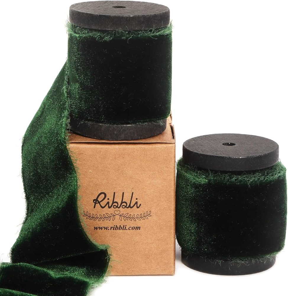 Ribbli Forest Green Velvet Ribbon 1.5 Inch Handmade Frayed Vintage Christmas Ribbon for Gift Wrap... | Amazon (US)