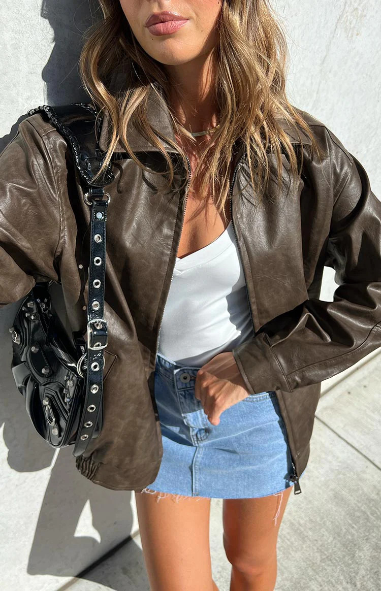 Abbi PU Vintage Brown Bomber Jacket | Beginning Boutique (AU)