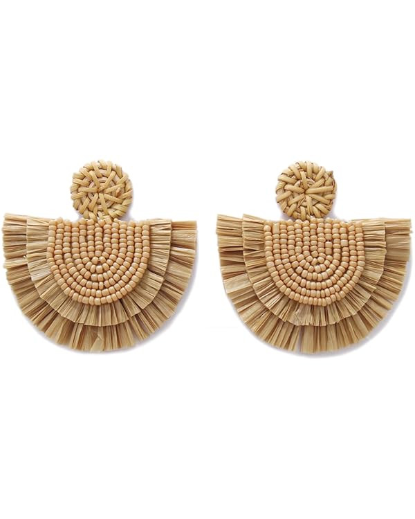 COIRIS Bohemia Beaded Fringe Statement Earrings with Long Dangling Tassel Raffia Earrings for Wom... | Amazon (US)