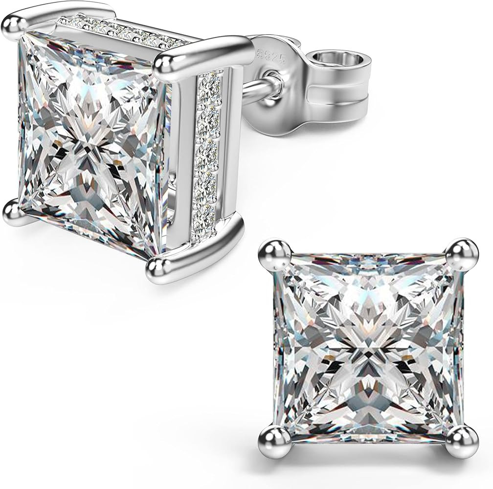 18K White Gold Plated Sterling Silver Princess Cut Cubic Zirconia Stud Earrings Square Simulated ... | Amazon (US)