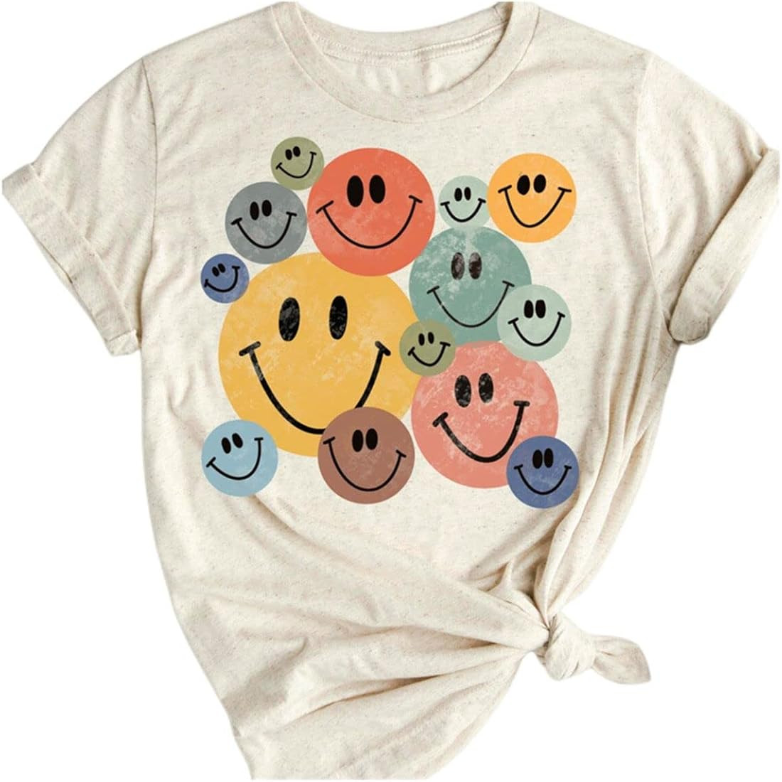 Beopjesk Women's Keep Smile T-Shirt Casual Short Sleeve Round Neck Vintage Smile Face Retro Graphic  | Amazon (US)