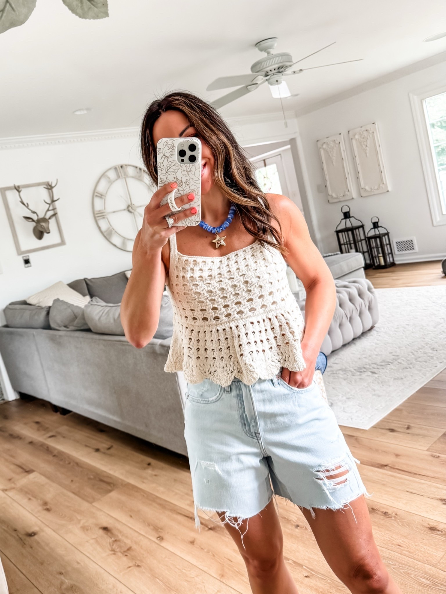 Long denim shorts 2. Small crochet tank top.

#LTKOver40 #LTKSaleAlert