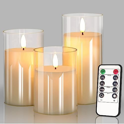 Glass Battery Operated LED Pillar Flameless Candles with10-Key Remote and Timer, Real Wax Candles... | Amazon (US)