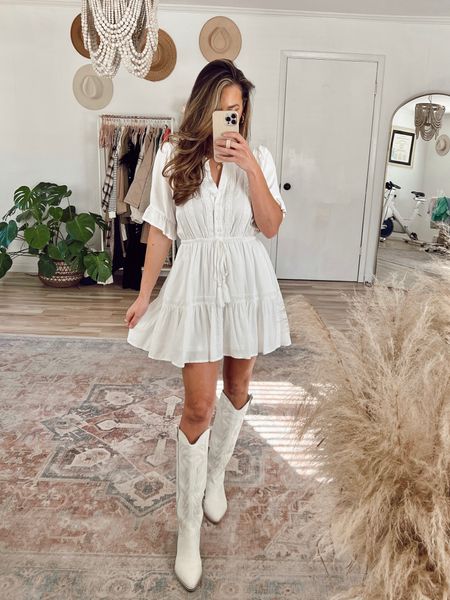 White spring boho mini dress. Use code Ashley20 for a discount! 

Western boots
White boots 
Summer dress
Easter 
Bride to be 

#LTKunder50 #LTKstyletip #LTKSeasonal