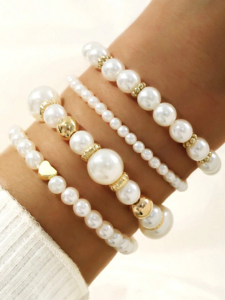 4pcs Set Of White Faux Pearl Bracelet - Handmade Jewelry For Women, Eternal Fashion Elegant & Del... | SHEIN