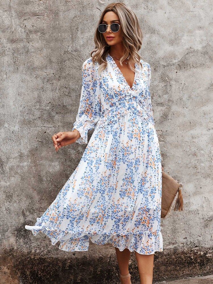 All Over Print Deep V-neck Ruffle Hem Dress | SHEIN