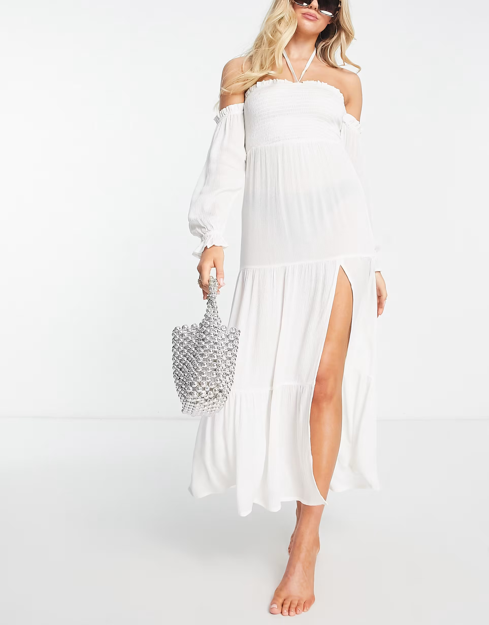 ASOS DESIGN off shoulder shirred waist maxi beach dress in ivory | ASOS (Global)
