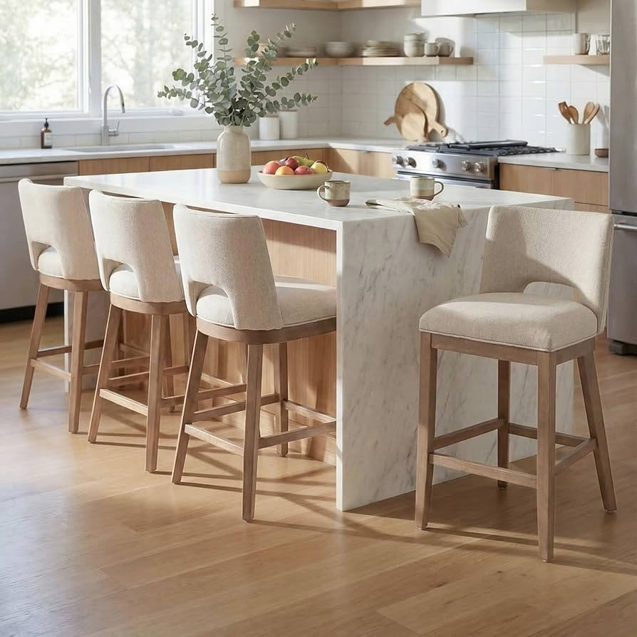 Farmhouse Bar Stools Set of 4, 26" Counter Height Barstools, Linen Upholstered Barstools with Ope... | Amazon (US)
