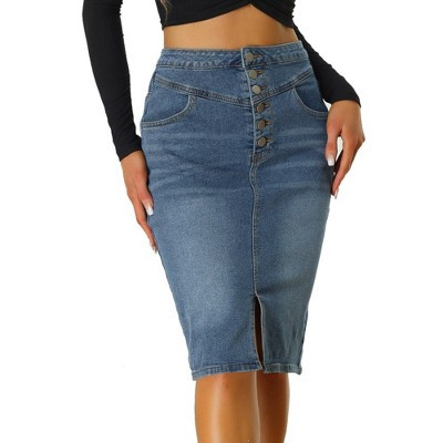 INSPIRE CHIC Women's High Waist Split Hem Casual Denim Pencil Skirt Small Blue | Target