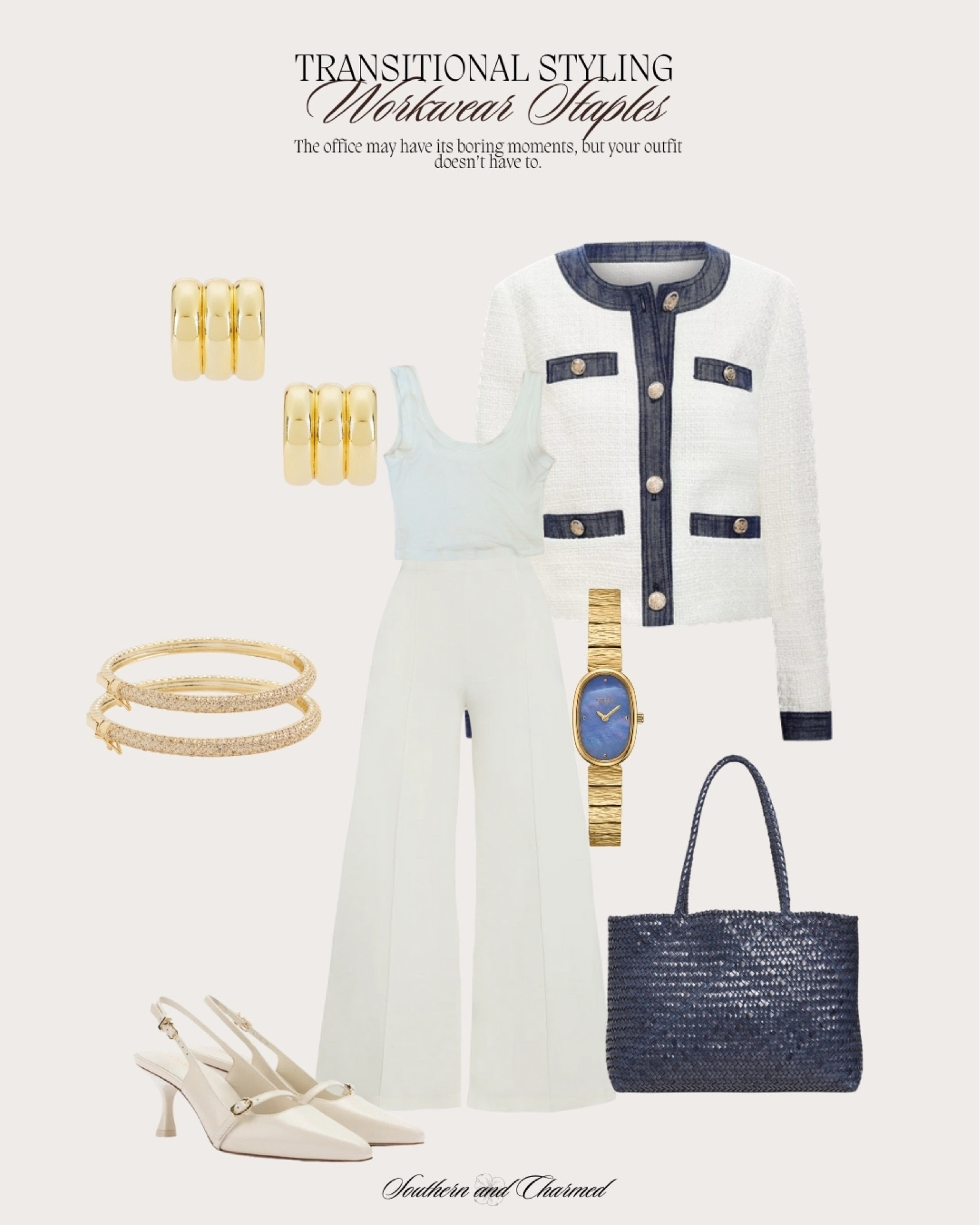 Workwear staples, transitional styling, high wasted white pants, the perfect pant, Ponte knit pant, collarless blazer with denim trim, blue and gold watch, navy purse, blue tote

#LTKStyleTip #LTKWorkwear #LTKSeasonal