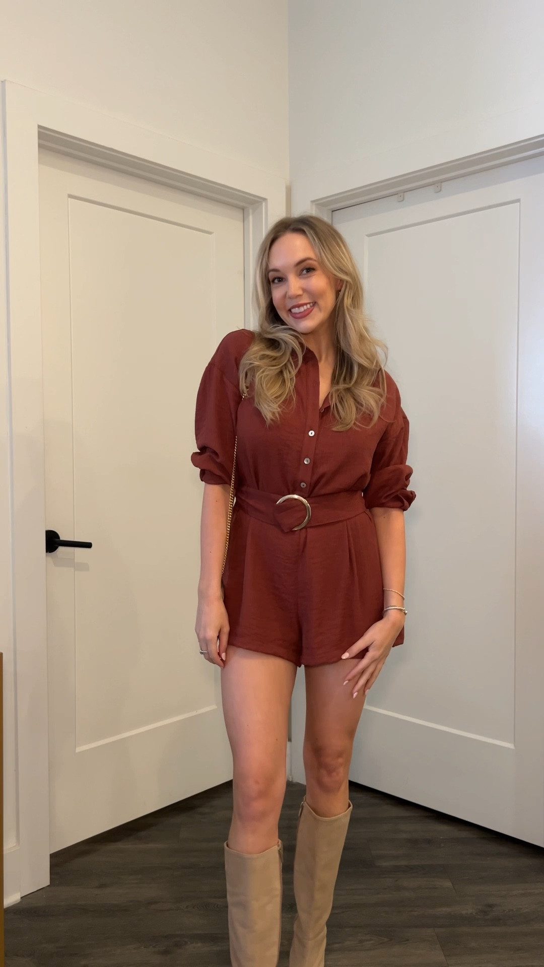 Rust romper, beige knee high boots, spring outfit idea 

#LTKSeasonal