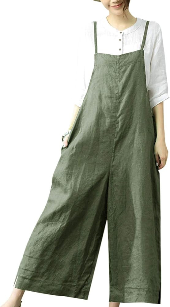 YESNO Women Casual Loose Long Bib Pants Wide Leg Jumpsuits Baggy Cotton Rompers Overalls with Pocket | Amazon (US)