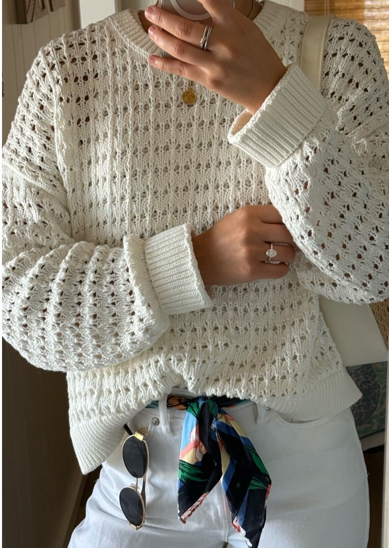 chic, white pants, crochet sweater, all white outfit, satin scarf, scarf belt, summer style

#LTKFindsUnder100 #LTKFindsUnder50 #LTKSaleAlert