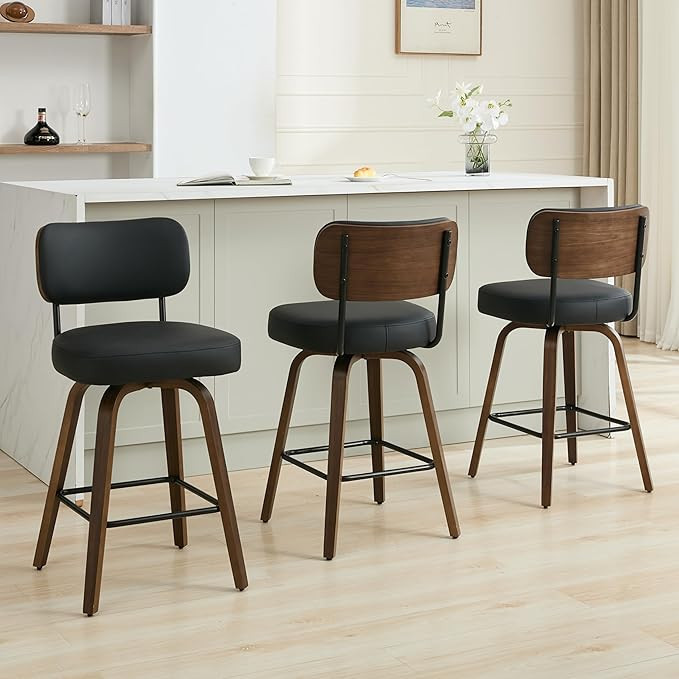 Swivel Bar Stools Set of 3, 26" Upholstered Counter Height Bar Stools with Back and Walnut Wood L... | Amazon (US)