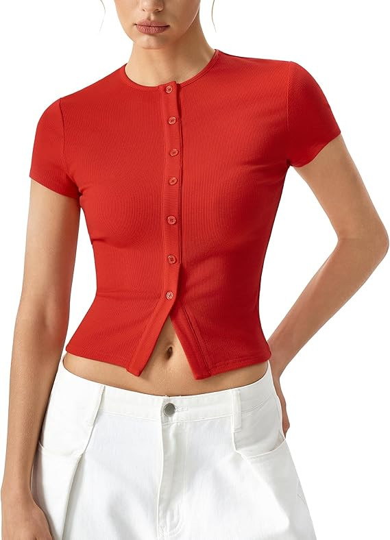 QINSEN Women's Crewneck Short Sleeve T Shirts Ribbed Button Going Out Trendy Tops | Amazon (US)