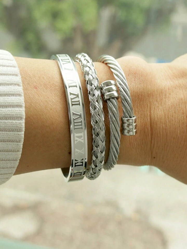 3pcs/Set Men Stainless Steel Textured Metal Bracelet Bangle | SHEIN