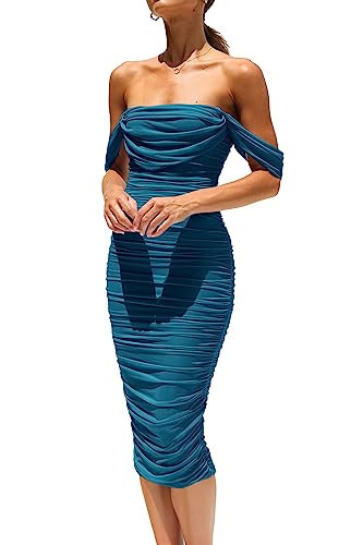 PRETTYGARDEN Wedding Guest Dress 2025 Summer Off Shoulder Ruched Elegant Sexy Bodycon Homecoming Cocktail Party Midi Dress (Lake Blue,Large) | Amazon (US)
