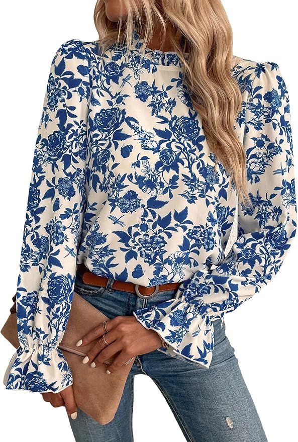 Floerns Women's Floral Print Ruffle Trim Long Sleeve Mock Neck Blouse Top | Amazon (US)