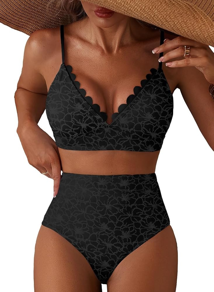 Herseas Women's Embroidered Flowers Bikini Sets Scalloped V Neck Swimsuits High Waisted Bathing S... | Amazon (US)