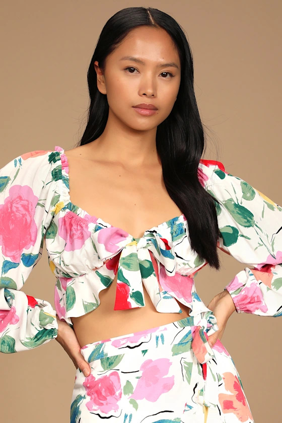 Painted Perfection White Floral Tie-Front Long Sleeve Crop Top | Lulus (US)