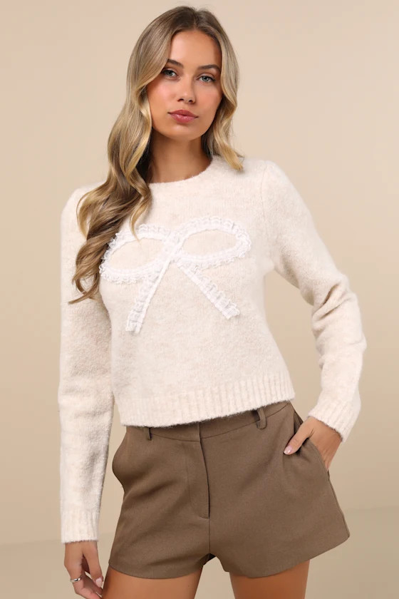 Remarkable Delight Cream Lace Bow Pullover Sweater | Lulus