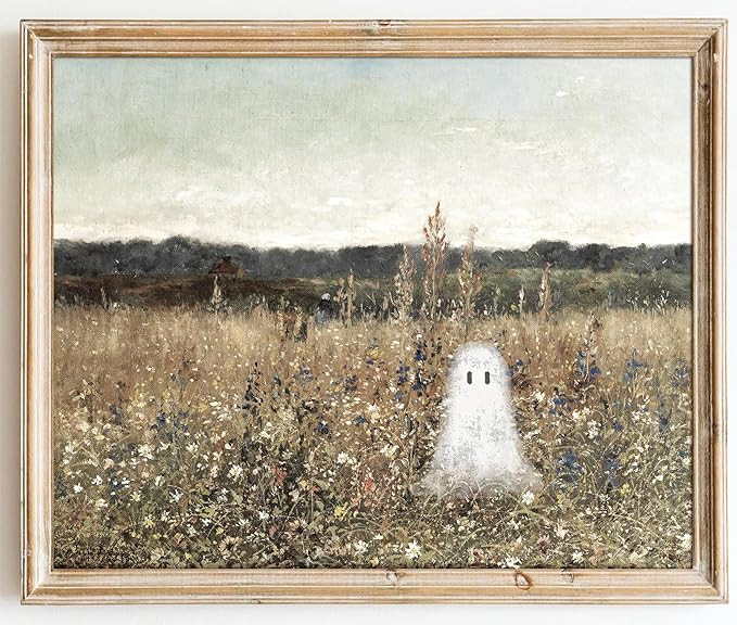 Kizbok Cute Ghost Decor, Vintage Halloween Ghost Wall Art Prints, Spooky ghosts on a Flower Meado... | Amazon (US)