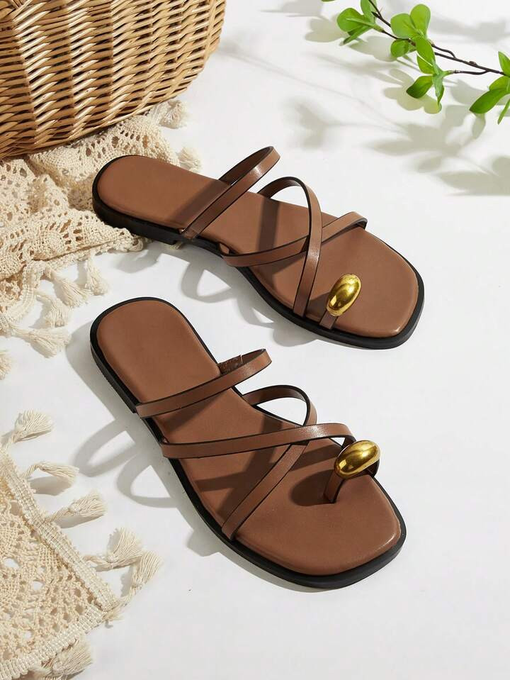 Vintage Bohemian Brown Square Toe Thong Sandals With Metal Decor, Criss-Cross Straps, Roman Style... | SHEIN