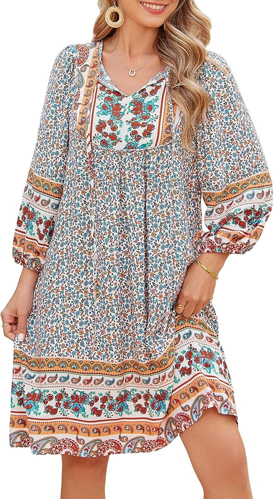 Qearal Women's Casual V Neck 3/4 Sleeve Boho Floral Printed Loose Short Flowy Summer Beach Vacati... | Amazon (US)
