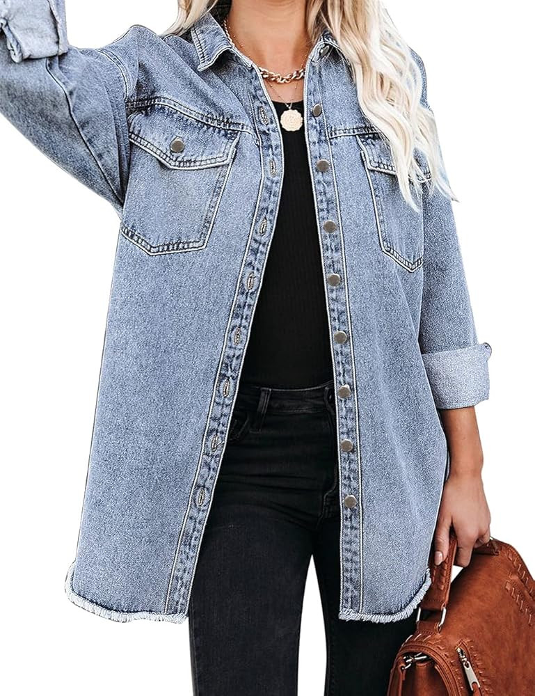 Vetinee Women’s Oversized Button Up Frayed Hem Shacket Long Sleeve Pockets Denim Jean Jacket | Amazon (US)