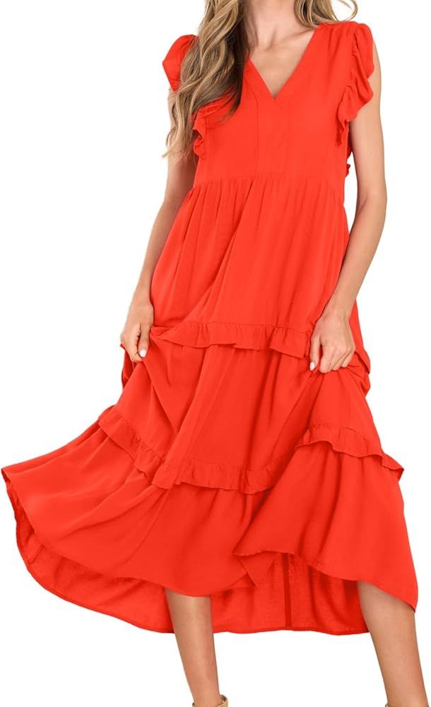 Allimy Womens Summer Flutter Sleeves V Neck Smocked Dress Flowy Tiered Skirt Midi Dresses | Amazon (US)
