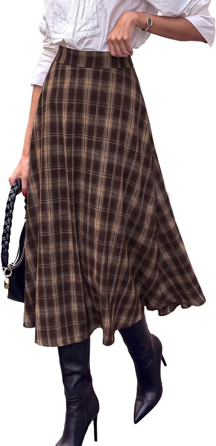 PRETTYGARDEN Women's Plaid High Waisted A-Line Midi Skirts | Amazon (US)