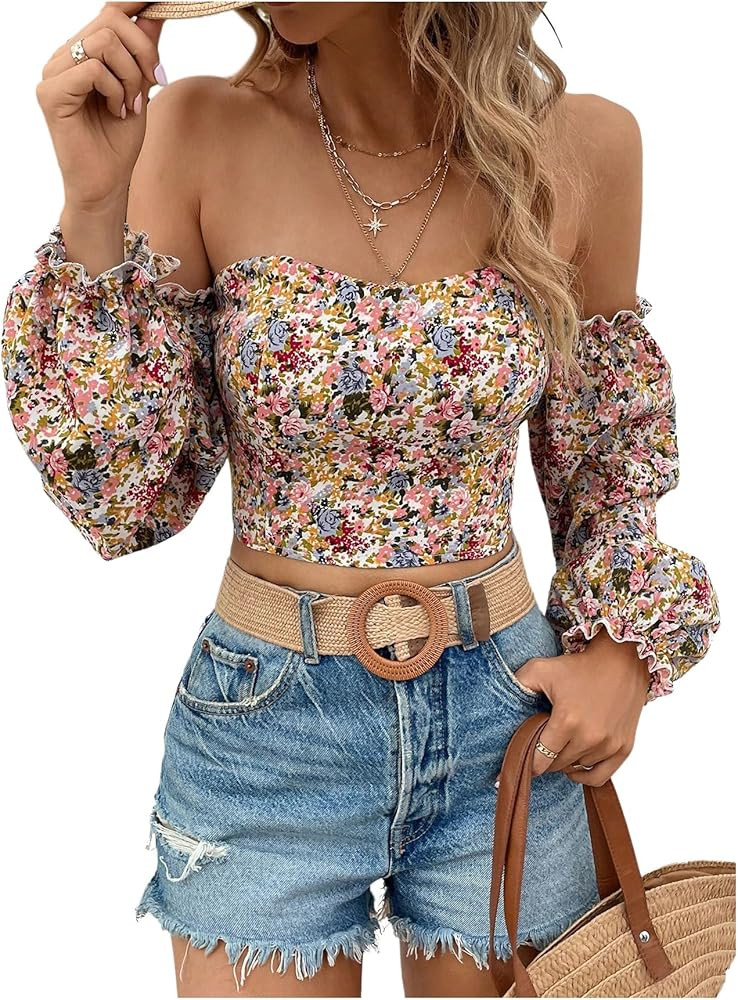 MakeMeChic Women's Off The Shoulder Lantern Sleeve Crop Tops Ditsy Floral Boho Blouse Shirt | Amazon (US)